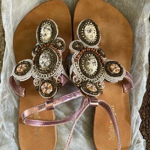 Fullah Sugah #37 pink leather sandals beaded w/ rhinestones. Bought in Greece.